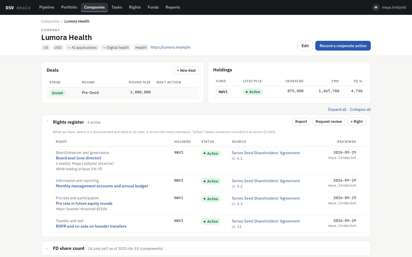 A company page with legal entities, securities and corporate actions